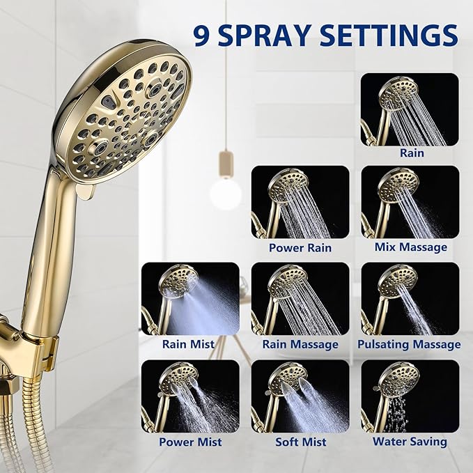 Regadera de Mano Alta Presión 10 Ajustes, Cabezal 5", Manguera Acero Inoxidable 79" - Dorado miniatura 4