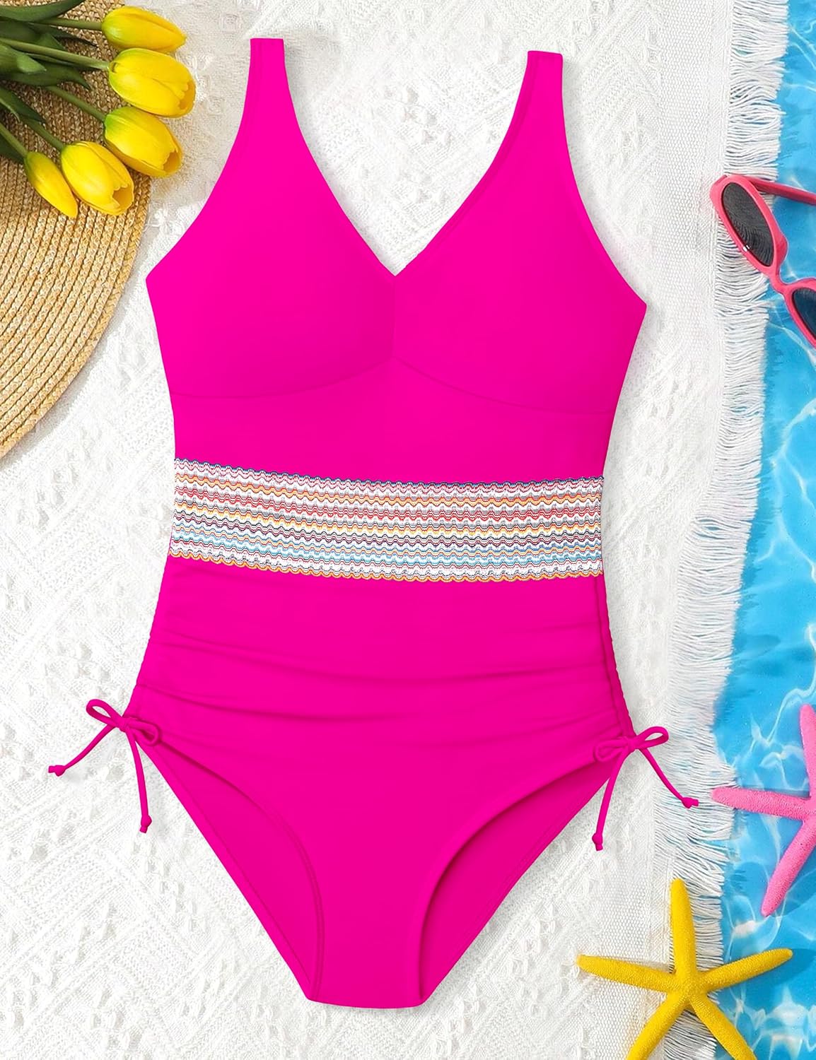 Girls One Piece Swimsuits Color Block Girls Swimsuit V Neck Girls Bathing Suit Drawstring Girls' Swimwear 9-16 Years - Image 5