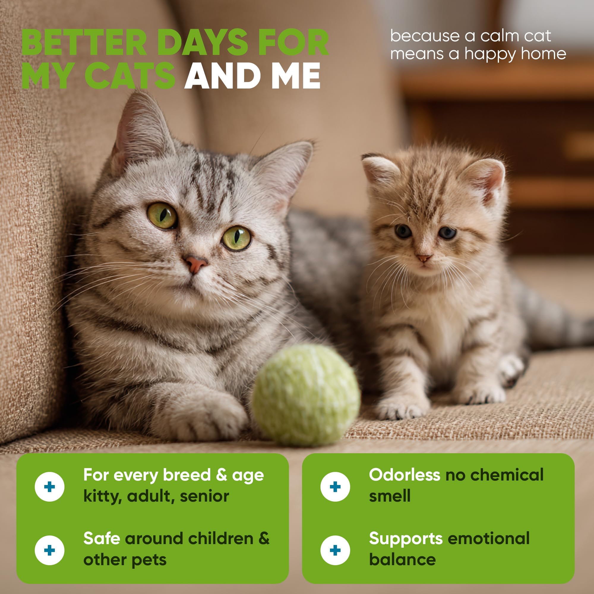 STUNICK CC1 Diffuseur apaisant pour chat, phéromones apaisantes, approvisionnement de 60 jours, 1 diffuseur et 2 recharges pour le stress, la pulvérisation d'urine, les combats de chats, l'agressivité