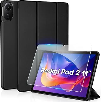 CACOE Redmi Pad 2 Case and Glass Film Set for Xiaomi Redmi Pad 2 11-inch 2025, Hard Case, Auto Sleep, Tri-Fold, Shockproof, Lightweight Tablet Cover, Black