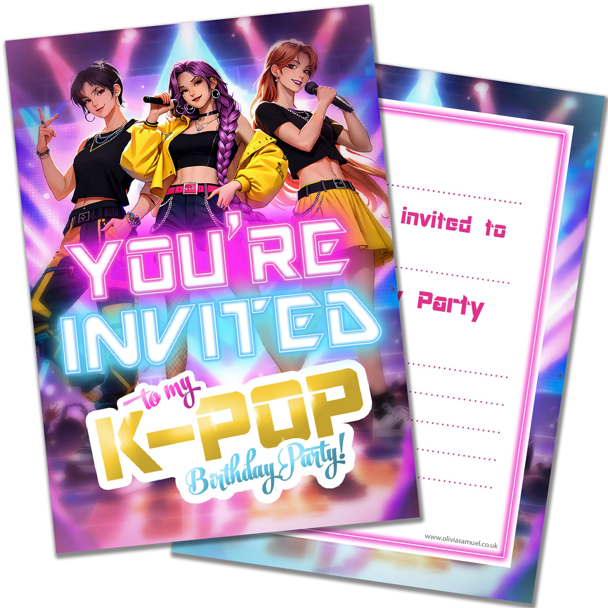 PACK of 20 K Pop Girls Party Invitations with Envelopes Neon Animated Design Double Sided Cards. Designed and Printed in the UK