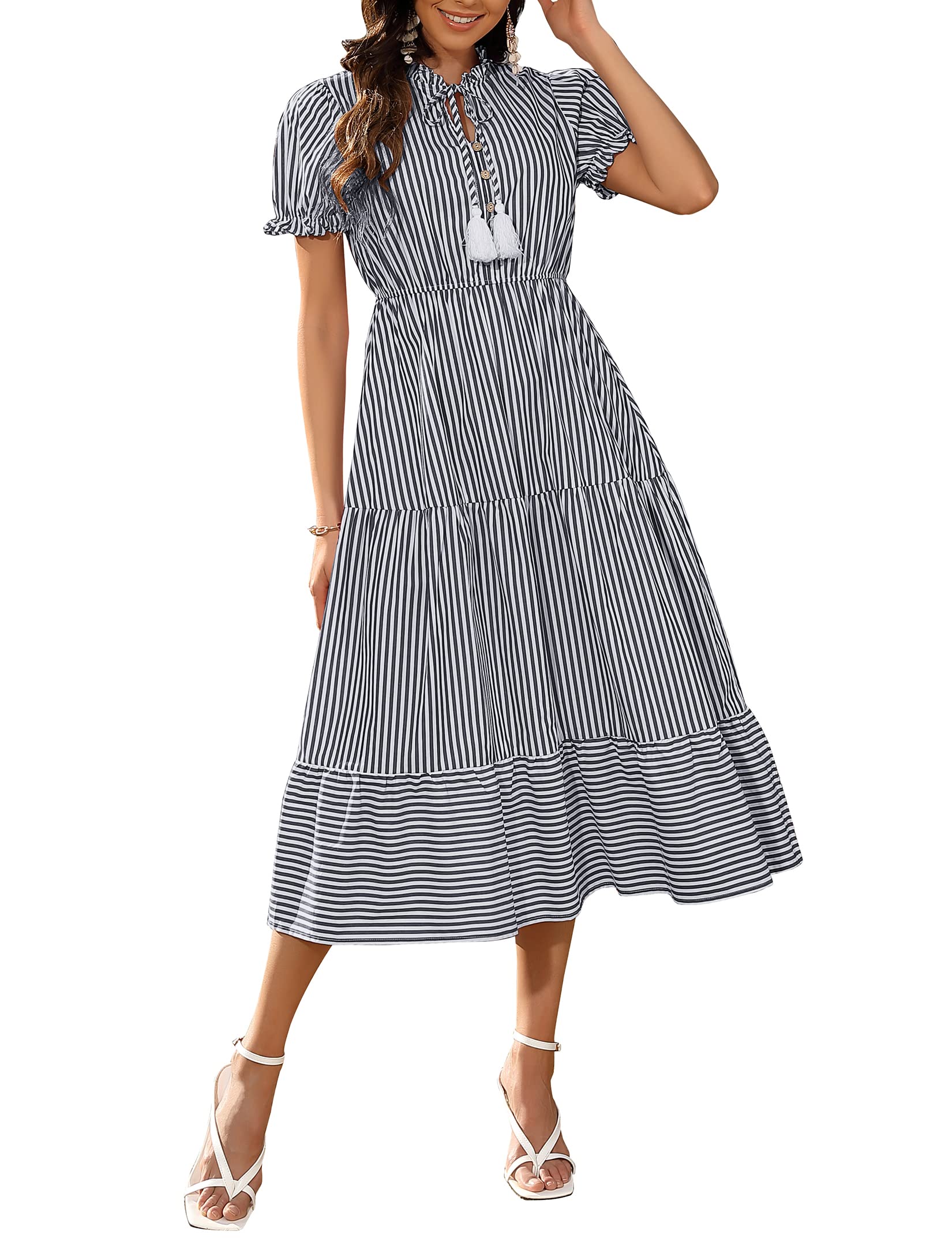 MISSKYButton Down Midi Dress for Women V Neck Tiered Stripped Dress Puff Short Sleeve A Line Ruffle Summer Dress