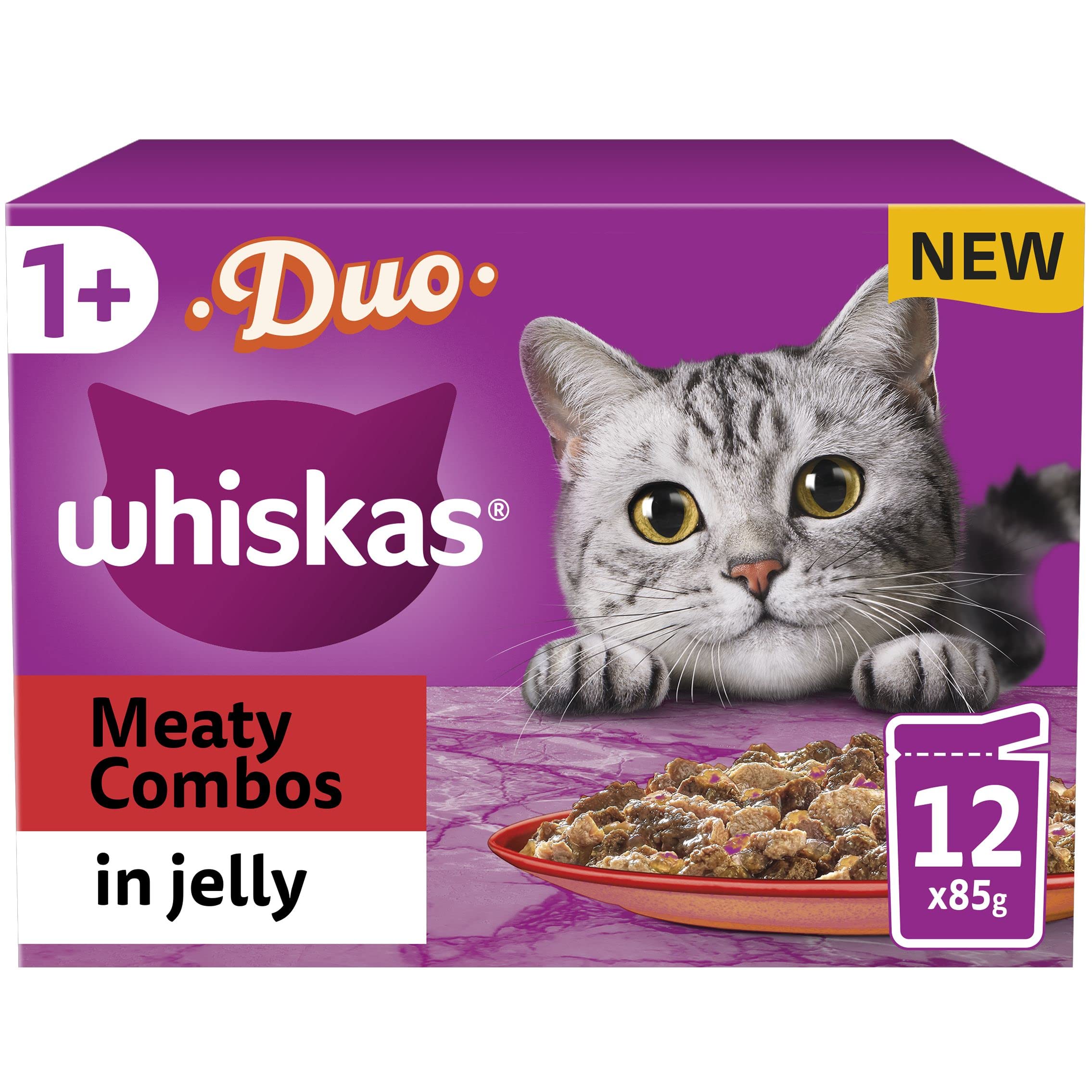 whiskasTasty Duo 1+ Meaty Combos in Jelly 48x85g Pouches, Adult Cat Food, Pack of 4 (12x85g)