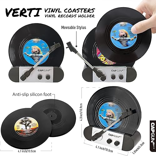 Miniatura 8 de Paquete de 12 posavasos de vinilo retro con soporte, juego de posavasos con temática musical de los años 80 para protección de la mesa, regalos