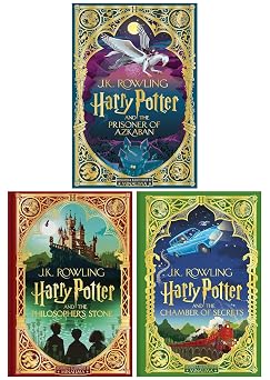 Harry Potter MinaLima Edition 3 Books Collection Set Harry Potter and the Philosophers Stone, Harry Potter and the Chamber of Secrets & Harry Potter and the Prisoner of Azkaban