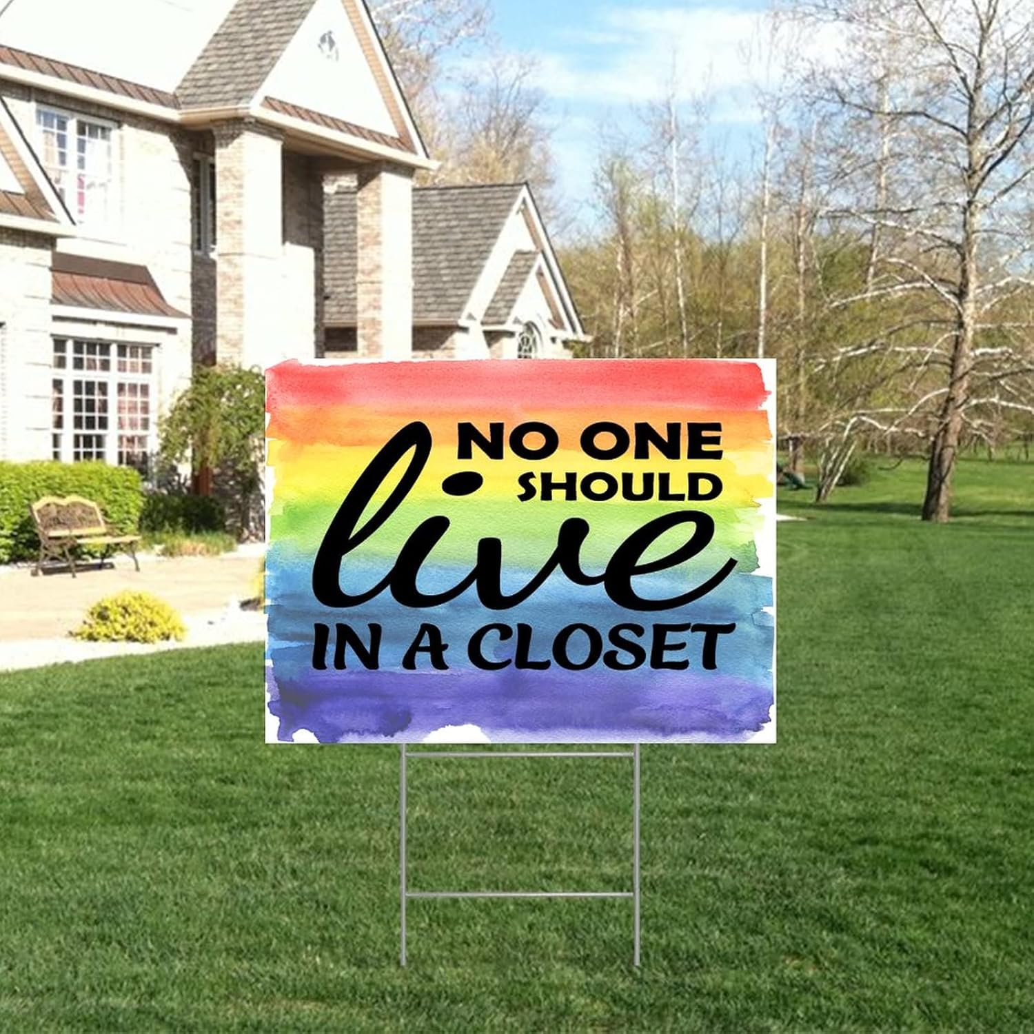 Gay Lesbian Pride Yard Sign 18x24 No One Should Love in A Closet LGBT Rainbow Sign for Parades Same Sex Welcome Double Sided Corrugated Plastic Outdoor Yard Sign with H-Stake Lawn Decor