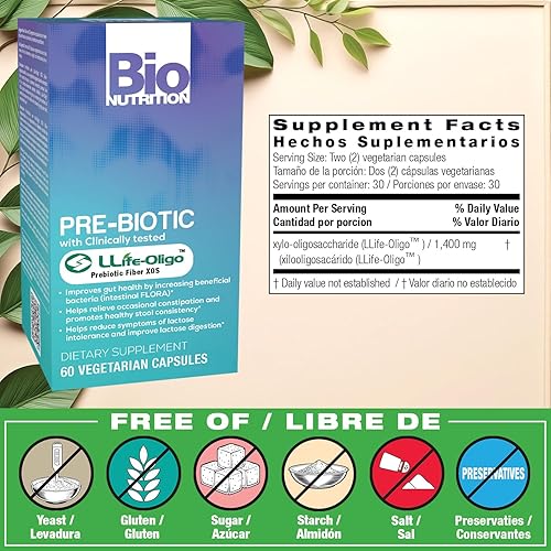 Miniatura 2 de Bio Nutrition Pre-Biotic 60 cápsulas vegetarianas Llife oligo fibra prebiótica XOS fórmula patentada mejora la salud intestinal | Promueve la flora