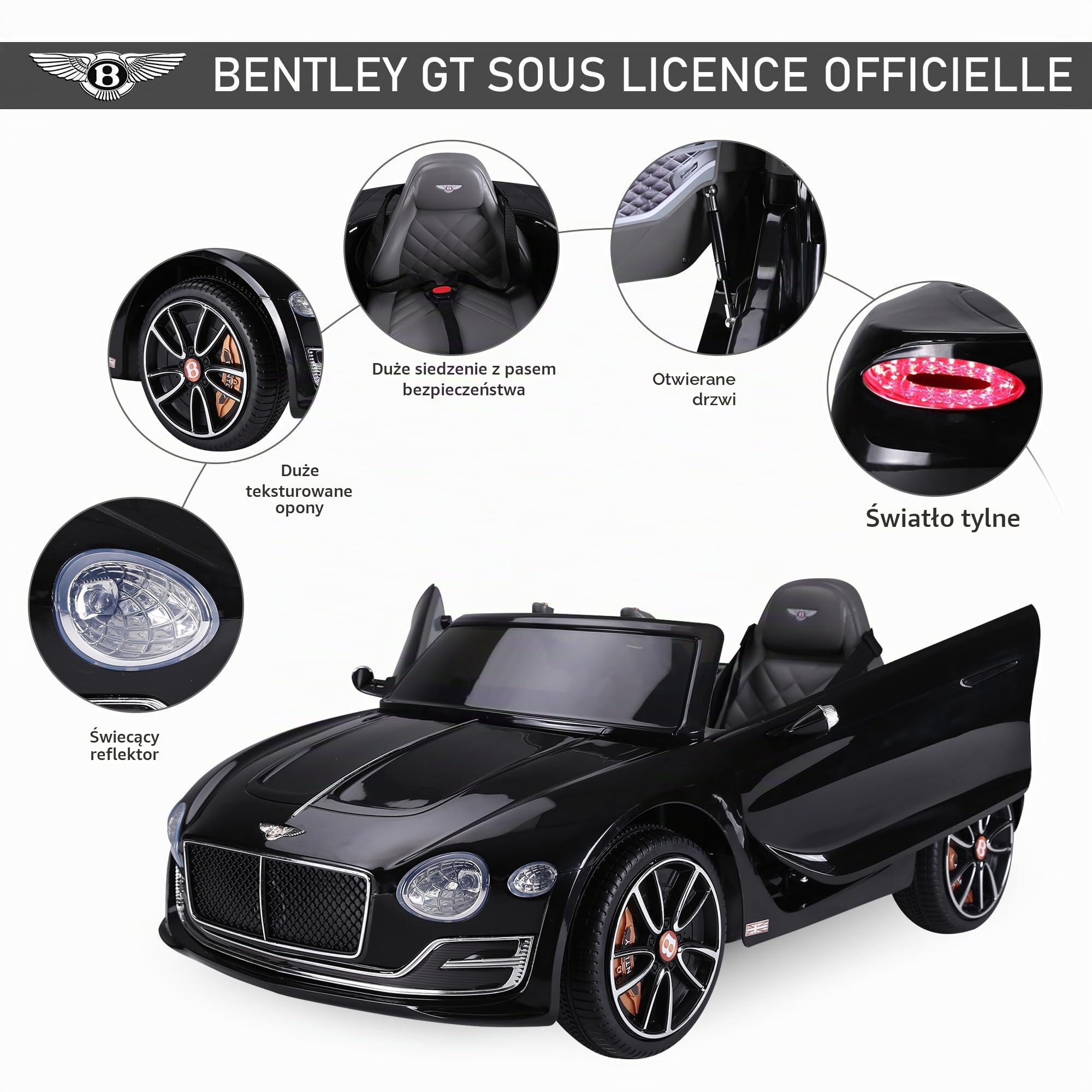HOMCOM Pojazd elektryczny dla dzieci 2 silniki 108 l x 60 l x 43H cm pilot Efekty dźwiękowe + światło czarne Bentley