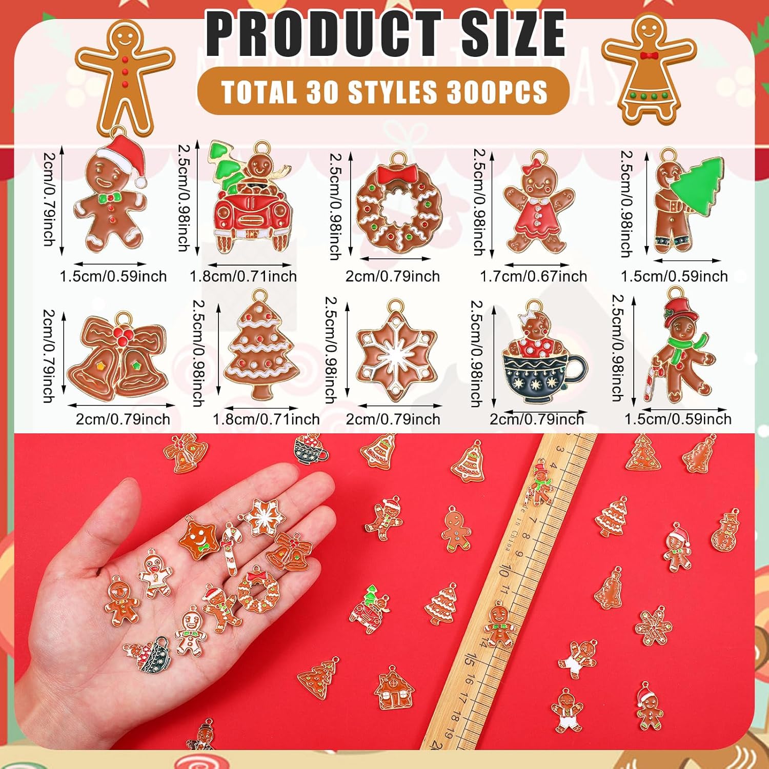 Tudomro 300 Pcs Christmas Charms for Jewelry Making Bulk Gingerbread Man Pendant Charms Enamel Gold Christmas Jewelry Metal for Holiday Necklace Bracelet Earring Craft DIY Ornaments Supplies
