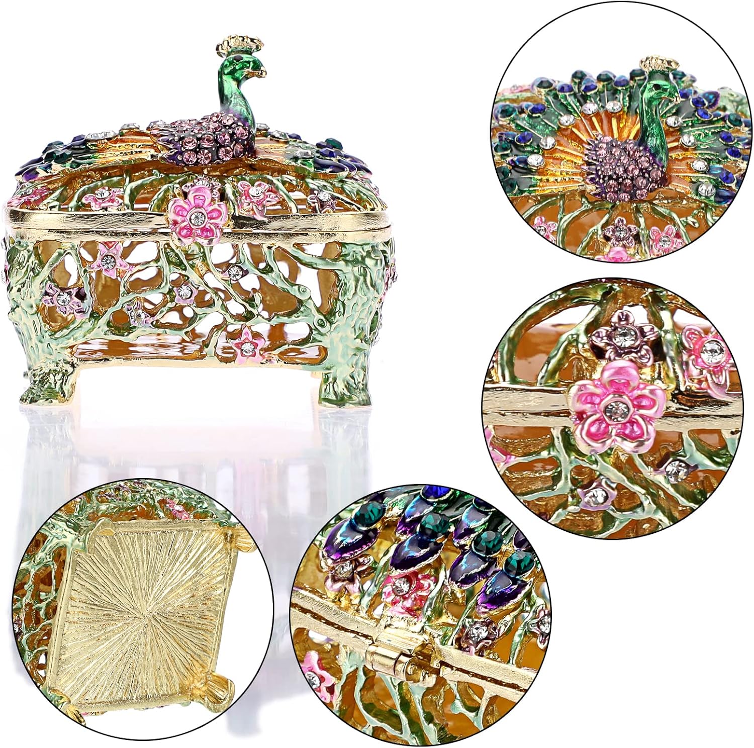ELLDOO Mini Peacock Trinket Box, Vintage Metal Enameled Decorative Box Ring Earrings Jewelry Organizer Gift Box for Girl Women - Image 3
