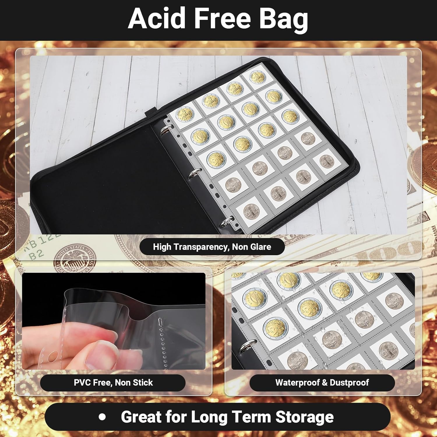Portable Coin Collection Book - 600 Pockets Coin Holders for Collectors, Stamp Collecting Supplies Money Organizer for Cash Bill Penny Quarter Stamp, Black
