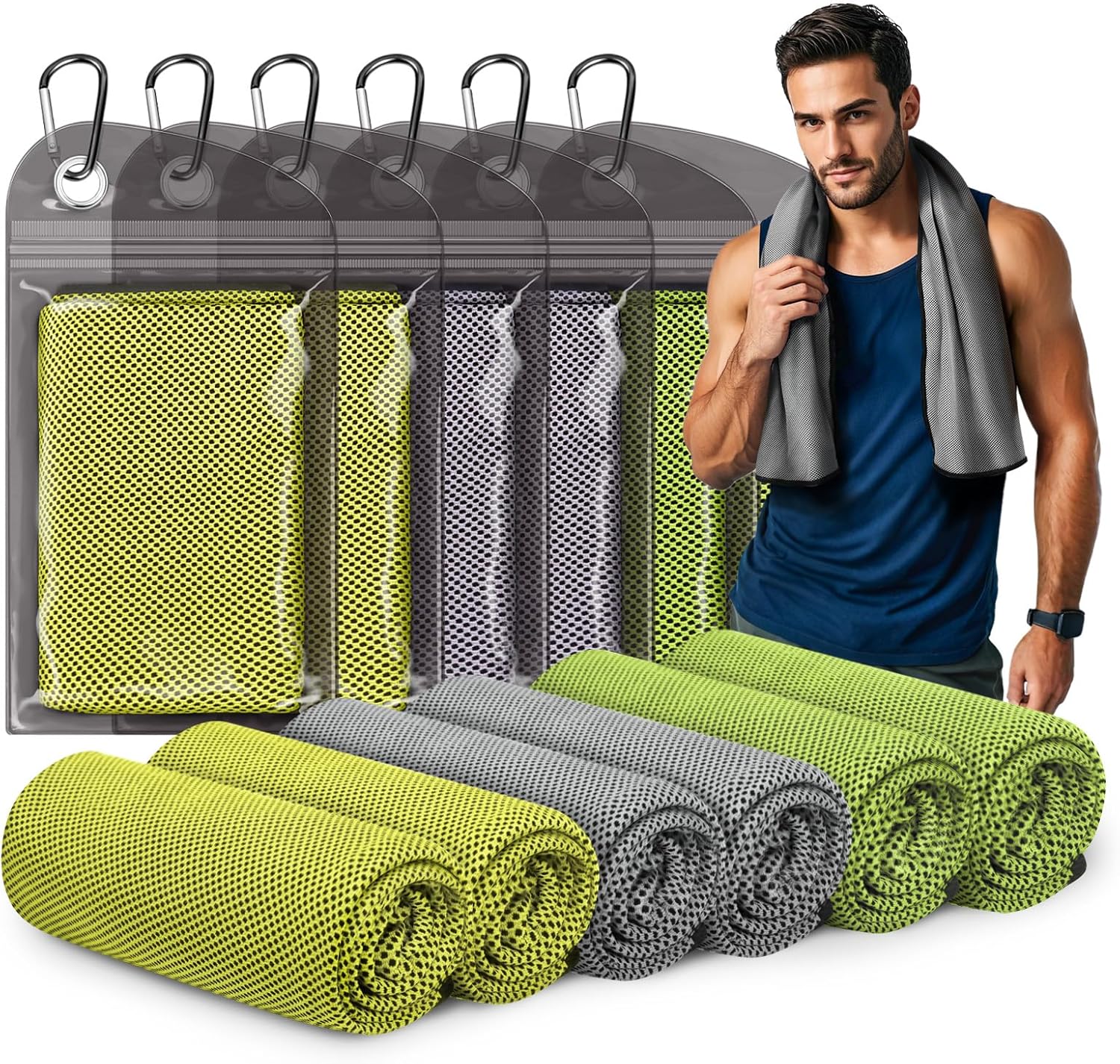 Cooling Towels for Neck & Face (6-Pack) Cooling Towel for Hot Weather Gym, Sports, Yoga Microfiber Cooling Towels Instant Cooling Rags with UPF 50+ 40"x12"(Gray+Yellow+Green)