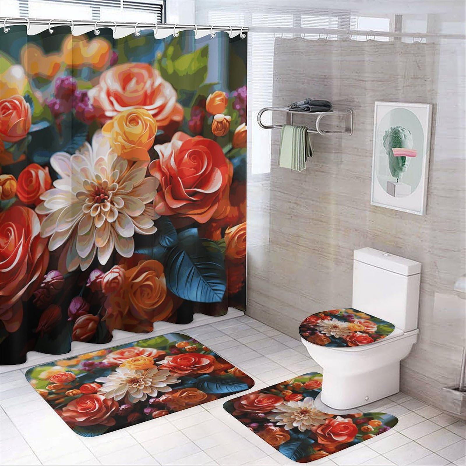 Rideaux de douche fleurs avec tapis antidérapant en textile haut de gamme pour salle de bain