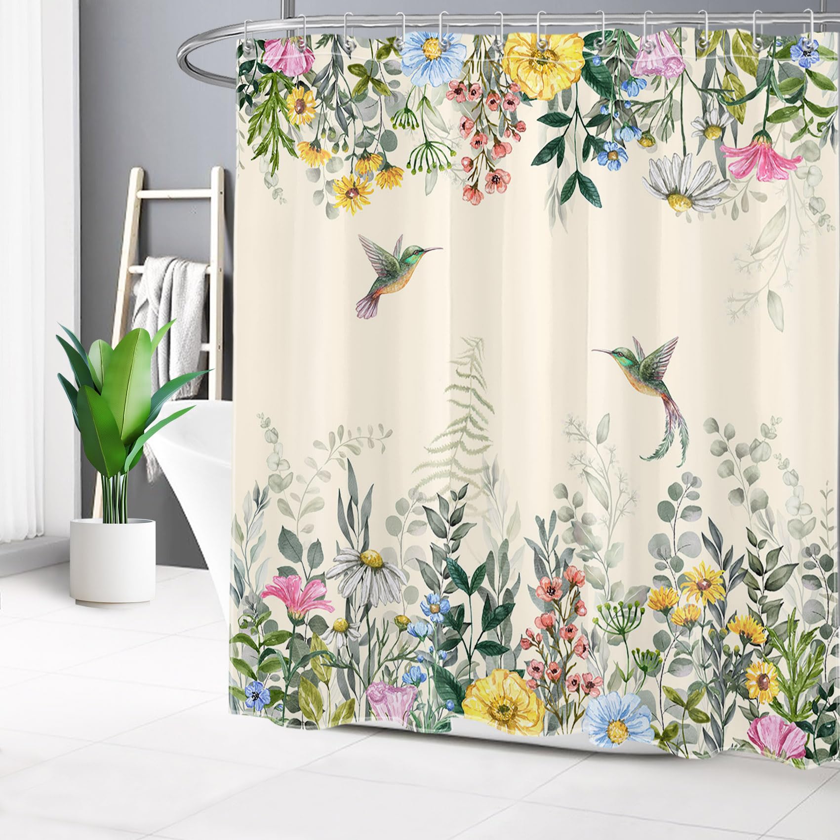 Tenda Doccia LB Piante Bianco E Nero 150x200 Cm Floreale – Impermeabile Antimuffa Con 10 Ganci Per Bagno, Camera, Decorazione