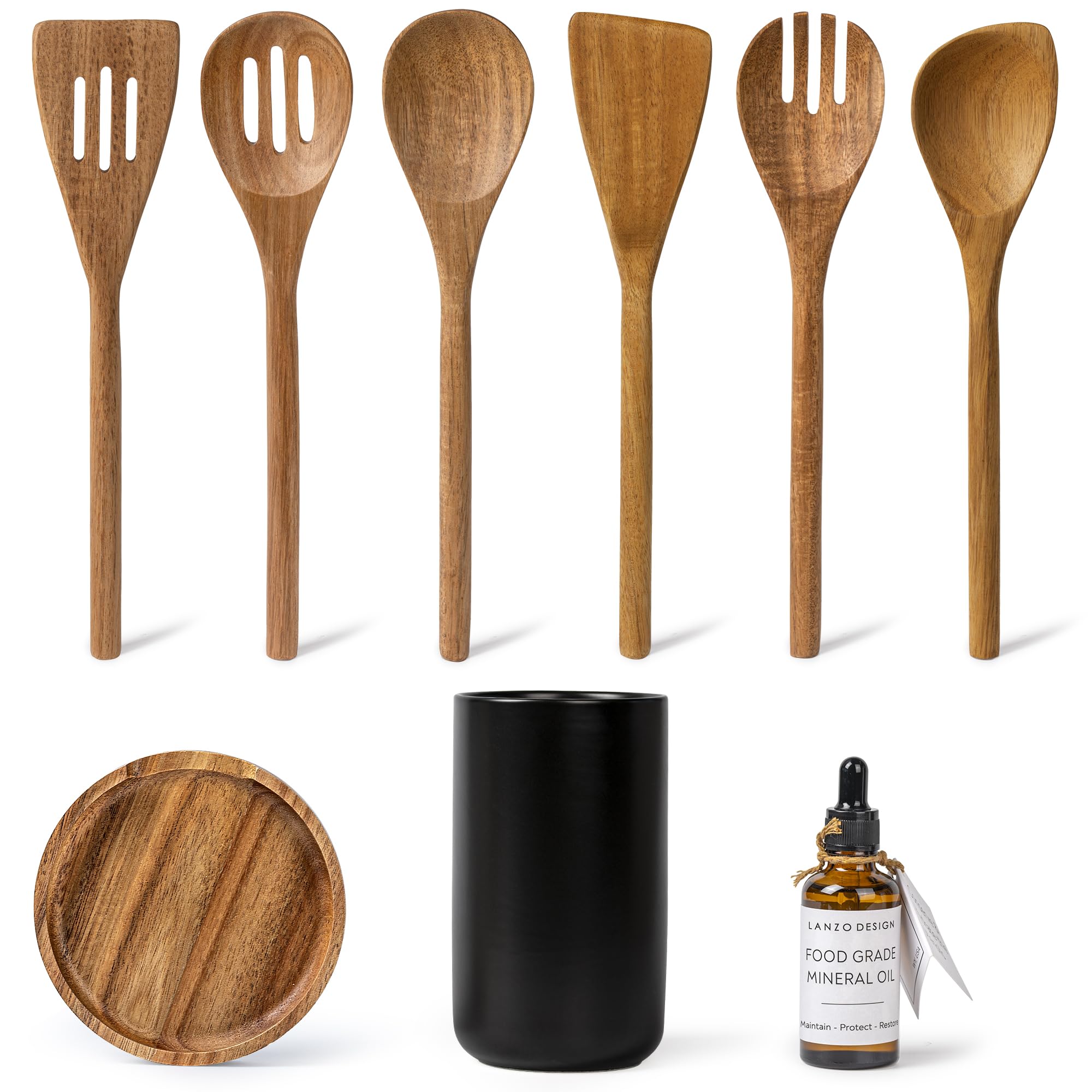 Juego de utensilios de cocina, 8 espátulas de madera con soporte de cerámica (soporte negro)