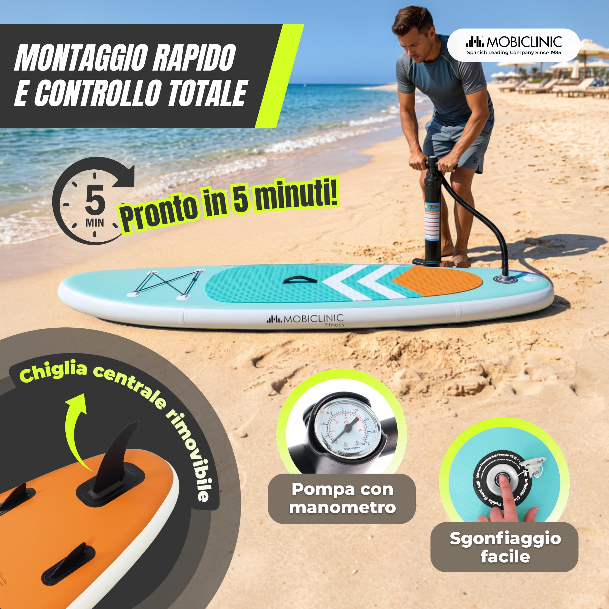 Mobiclinic®, Tavola da Sup Gonfiabile, Stand up Paddle, Pompa, Zaino, Pagaia Regolabile, Kit di Riparazione, 315x78x15 cm, Pieghevole, Per Bambini, Adulti e Animali Domestici