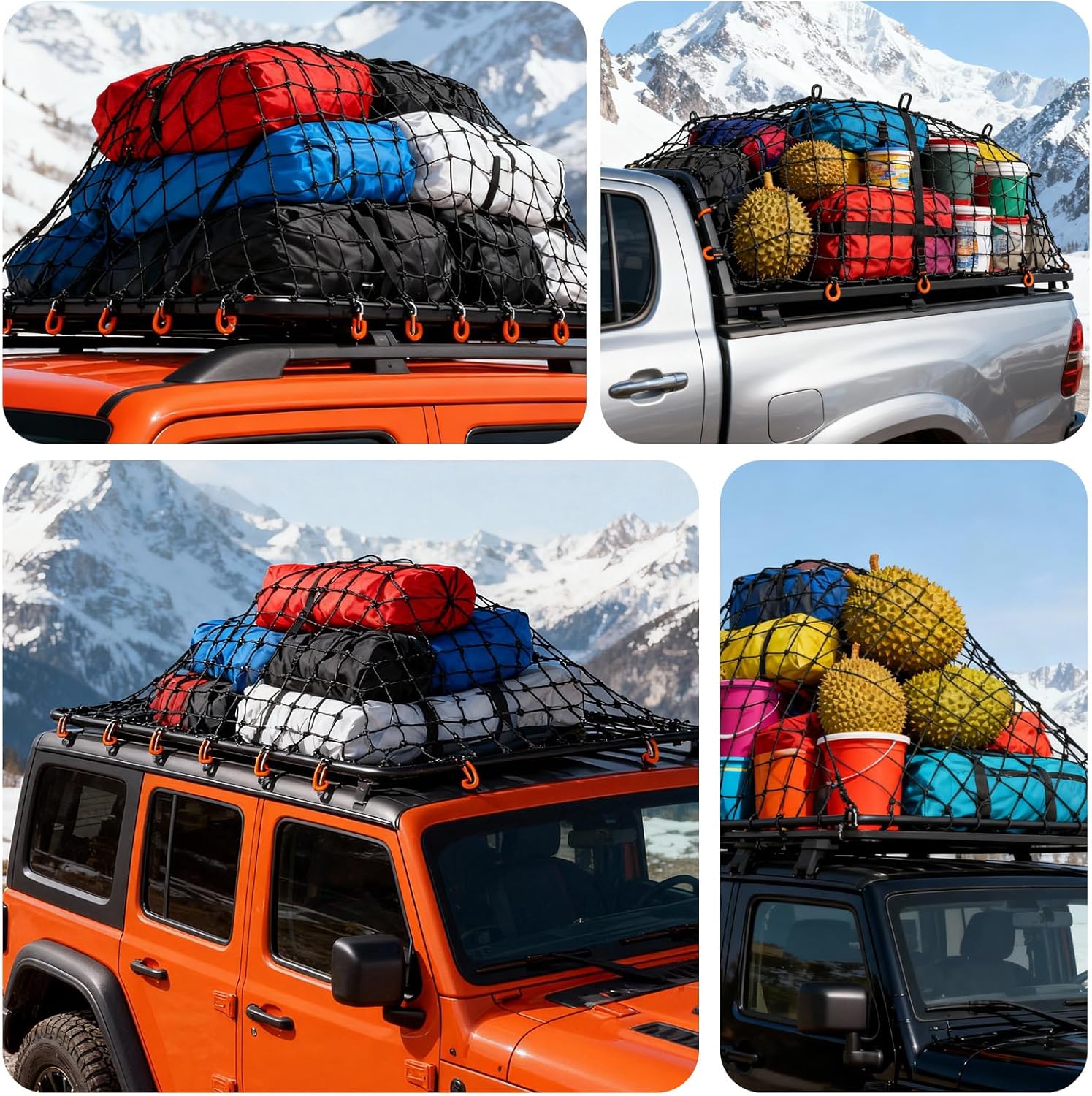 Cargo Net for Pickup Truck Bed-4’x6’ Stretches to 8’x12’,with 12 Adjustable Metal Carabiners，Easy-to-use Tailgate Cargo Netting- Compatible with Ford, Dodge RAM, Chevy, Toyota (Black)