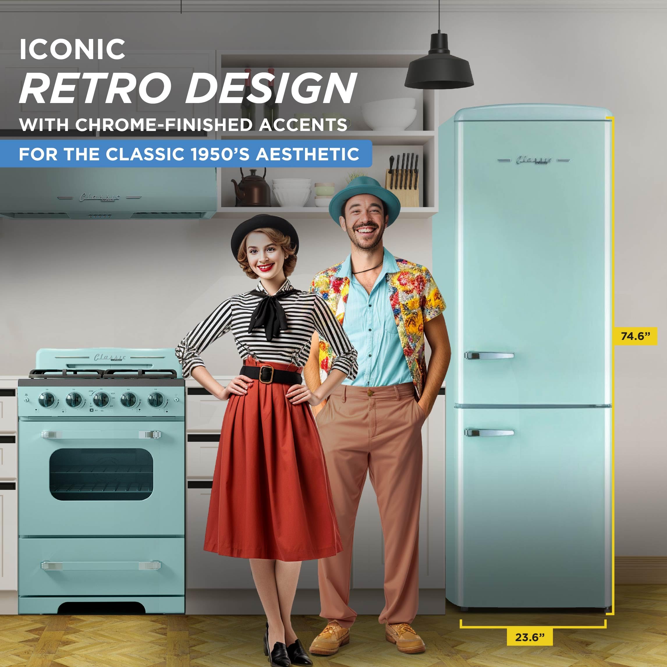 Unique Appliances Classic Retro Refrigerator, Electric Bottom-Mount Fridge With Intuitive Control Panel, 4 Glass Shelves, And 3 Freezer Drawers, Frost-Free, 12 Cu./Ft., Ocean Mist Turquoise on Fridge.com - View 2