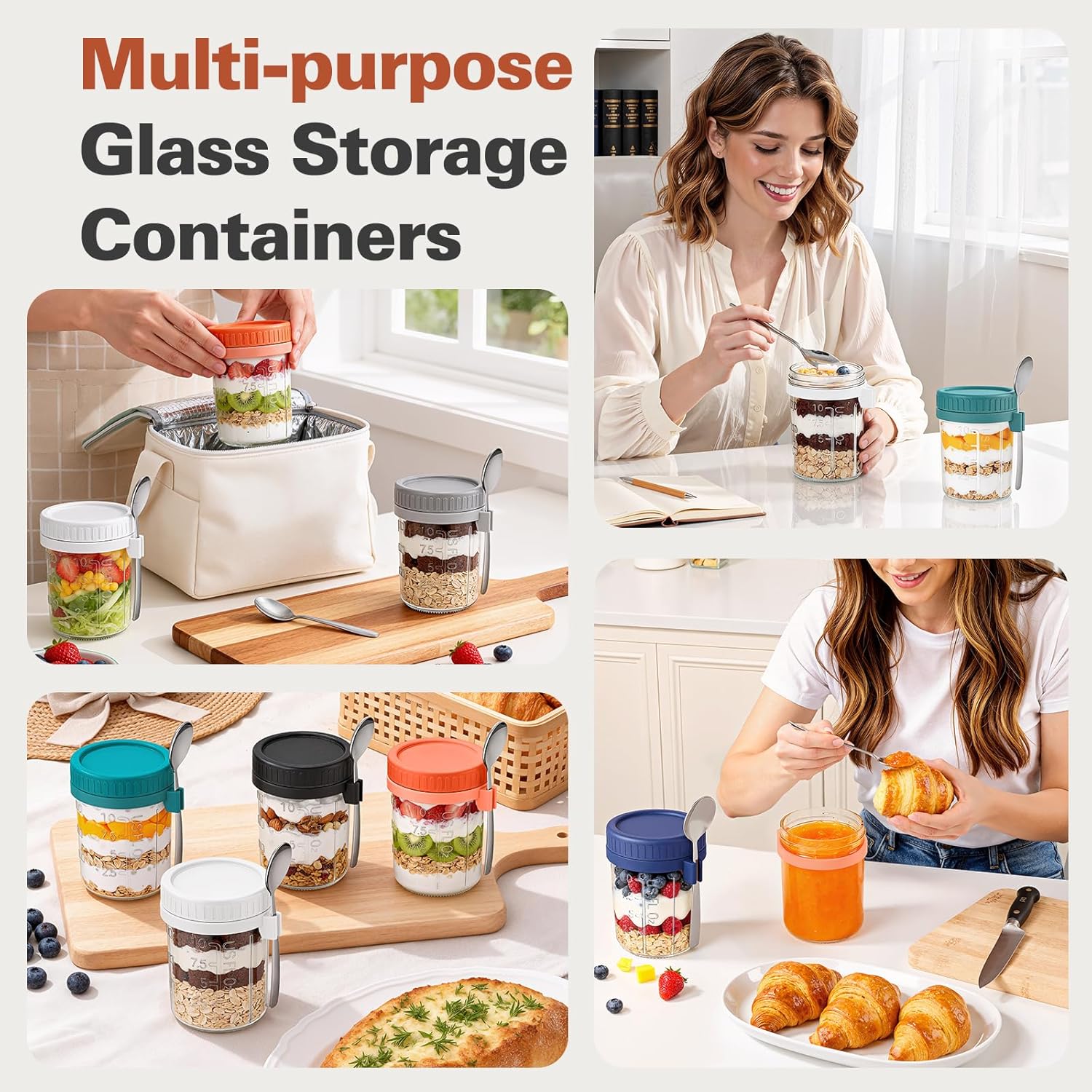 4 Pack Overnight Oats Containers with Lids and Spoons, 16 oz Airtight Oatmeal Container with Measurement Marks, Overnight Oats Jars for Cereal Fruit Vegetable Milk Salad Yogurt Meal Prep - Image 7