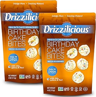 Drizzilicious Mini Flavored Rice Cakes Birthday Cake - Rice Crisps, Healthy Snack for Adults and Kids, Vegan, Gluten Free Snack, Allergen Free, Only 90 Calories Per 21 Pieces - 4 oz (Pack of 2)