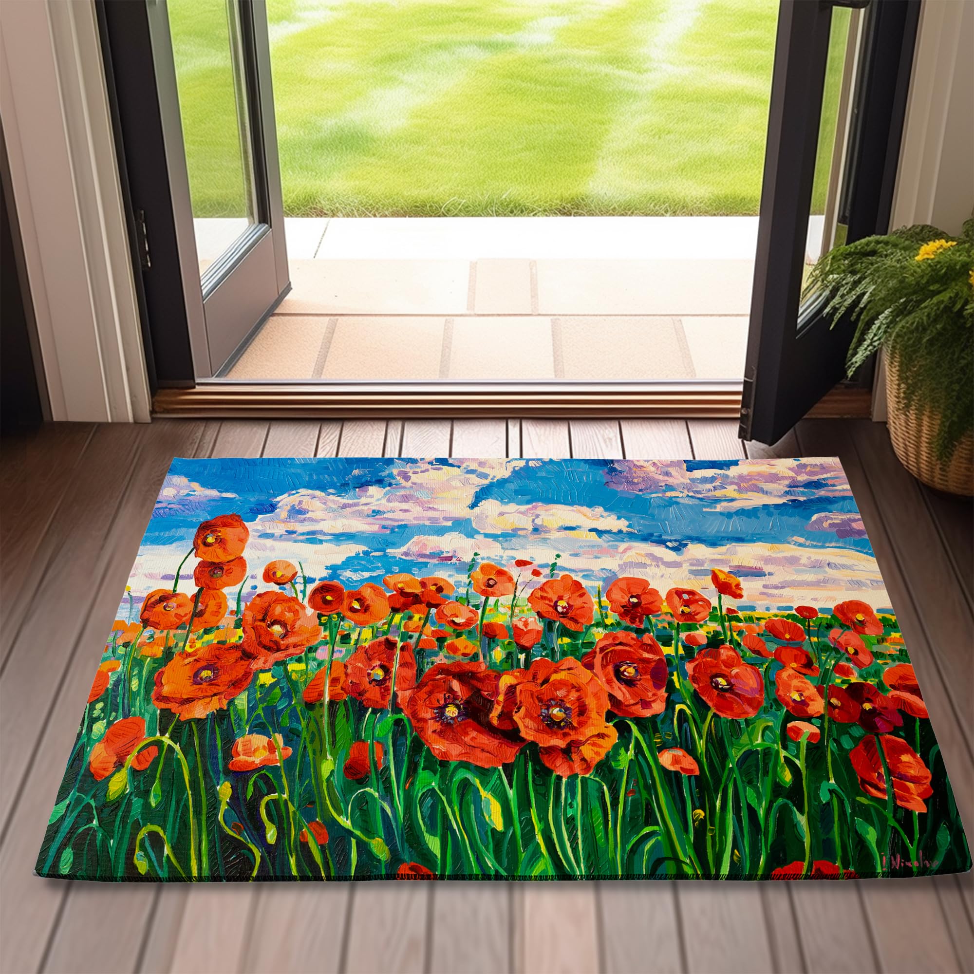 Red Poppy Welcome Door Mat,Abstract Modern Art Doormat for Outside Entrance Home Decor,Non-Slip Carpet Rugs with Felt Entryway Mat for Patio Indoor
