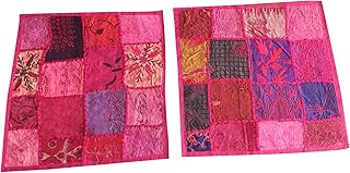 Mogul Interior Ethnic Pink Cushion Cover Patchwork Embroidered Cotton Square Pillow Cases 16" x 16"