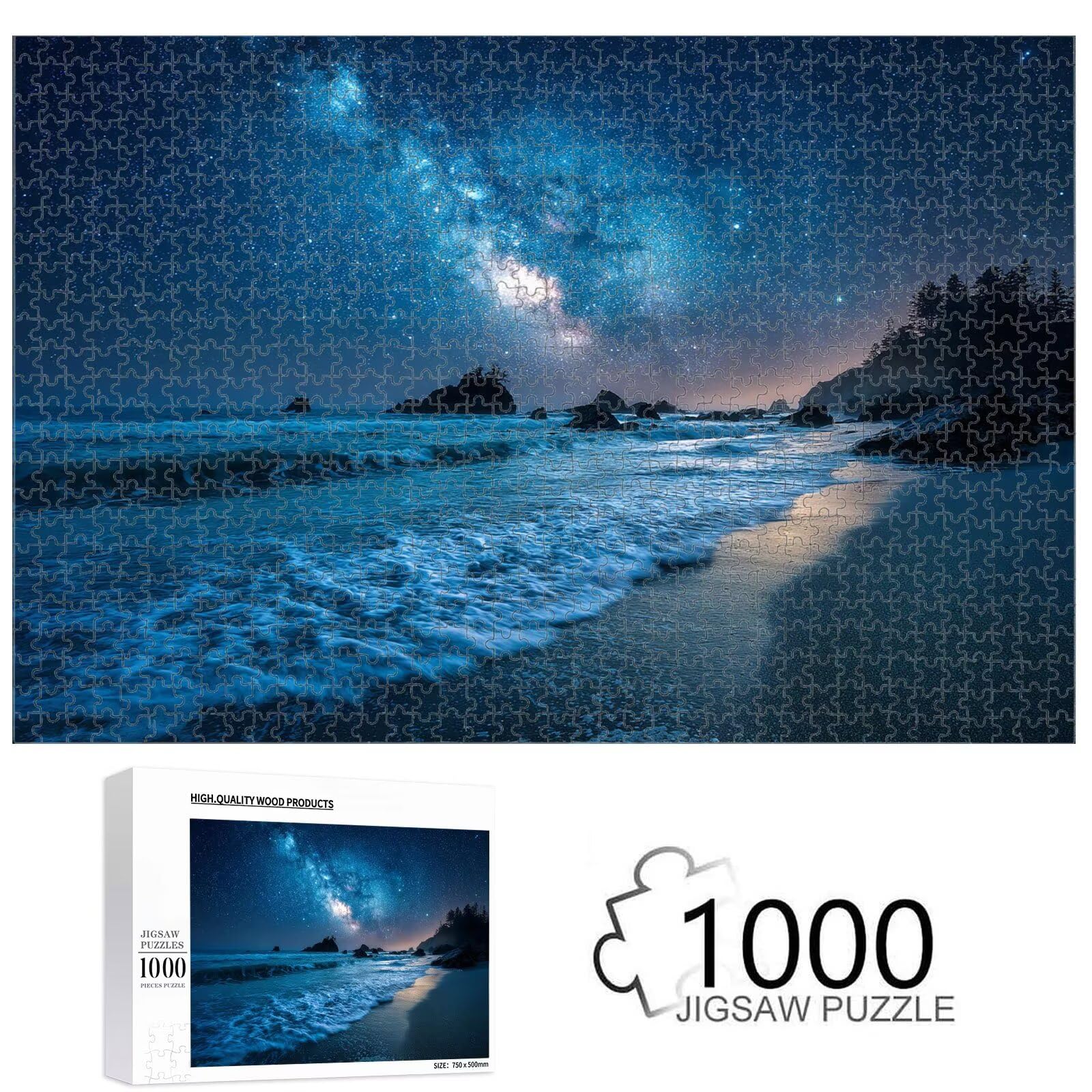 1500 elementów, puzzle dla dorosłych, gwiaździste niebo i plaża, drewniane puzzle 1T#457