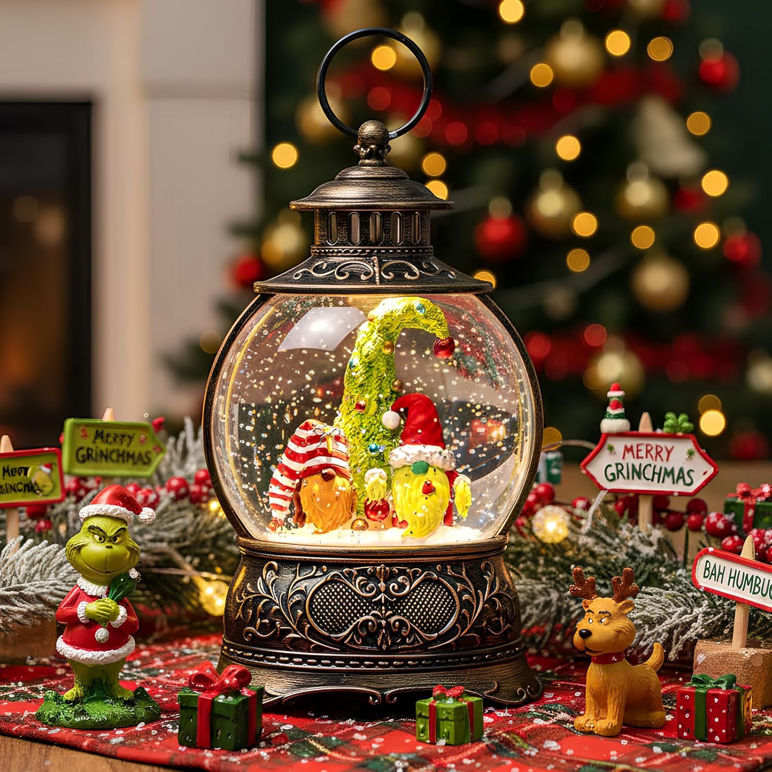 Christmas Snow Globe Lighted Gnomes Santa Elf Whimsical Christmas Tree Scene, Musical Snow Water Lantern Swirling Glittering Home Decoration and Gift, Battery Operated or USB Powered