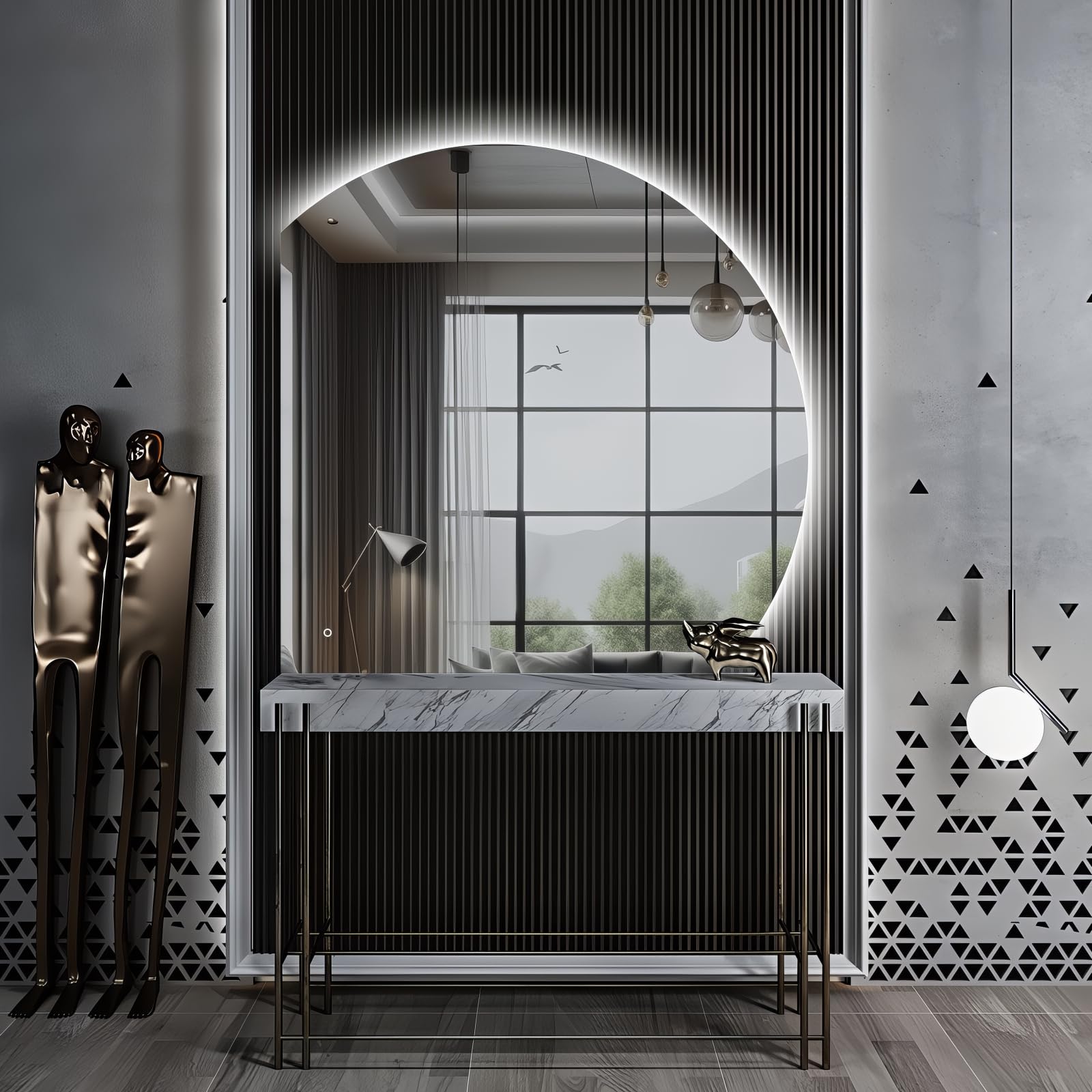 Niccy 44" LED Bathroom Mirror with Lights, Half Moon Led Mirrors, Irregular Backlit Mirrors for Entryway, Anti-Fog, Dimmable, Makeup Mirror, Explosion Proof, Round Lighted Vanity Mirrors, White Light