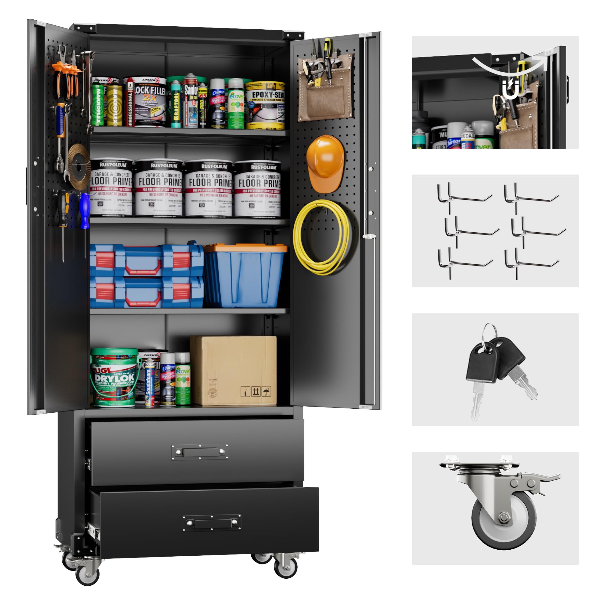 Metal Garage Storage Cabinet with Wheels, 2 Drawers and Pegboard Doors