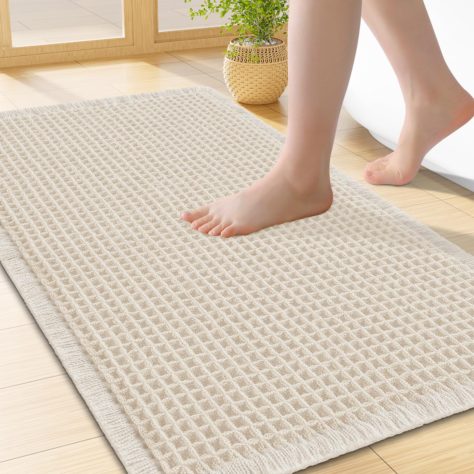 Smiry Waffle Bath Mat 24X16, Soft Absorbent Bathroom Rugs, Cream Beige