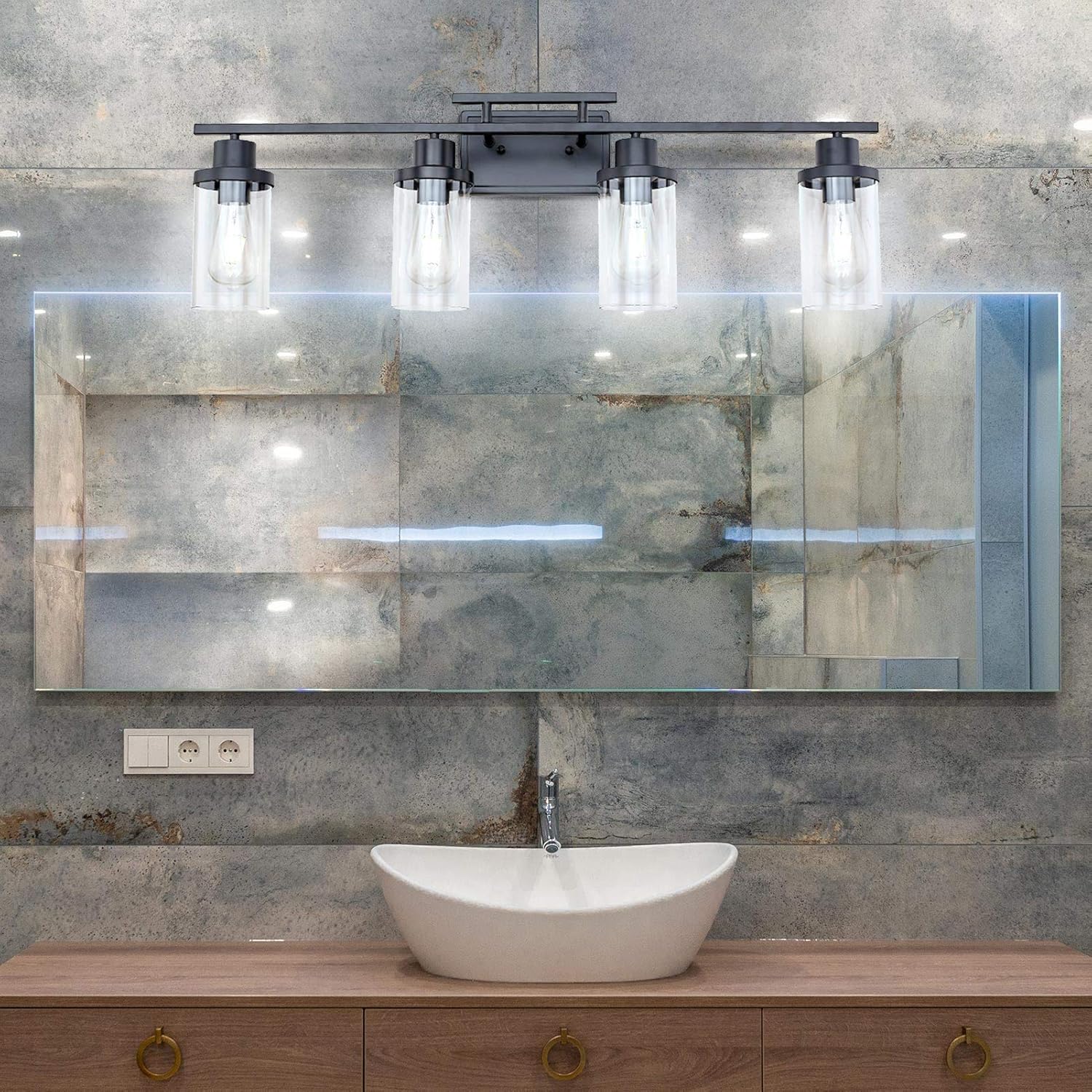 Get Popular Offer LUXEMI Bathroom Light with Clear Glass Shade, 4 Light Black Vintage Wall Sconce, Industrial Vanity Lights for Farmhouse, Mirror Lights for Bedroom Living Room, Bathroom Lighting Fixtures Over Mirror