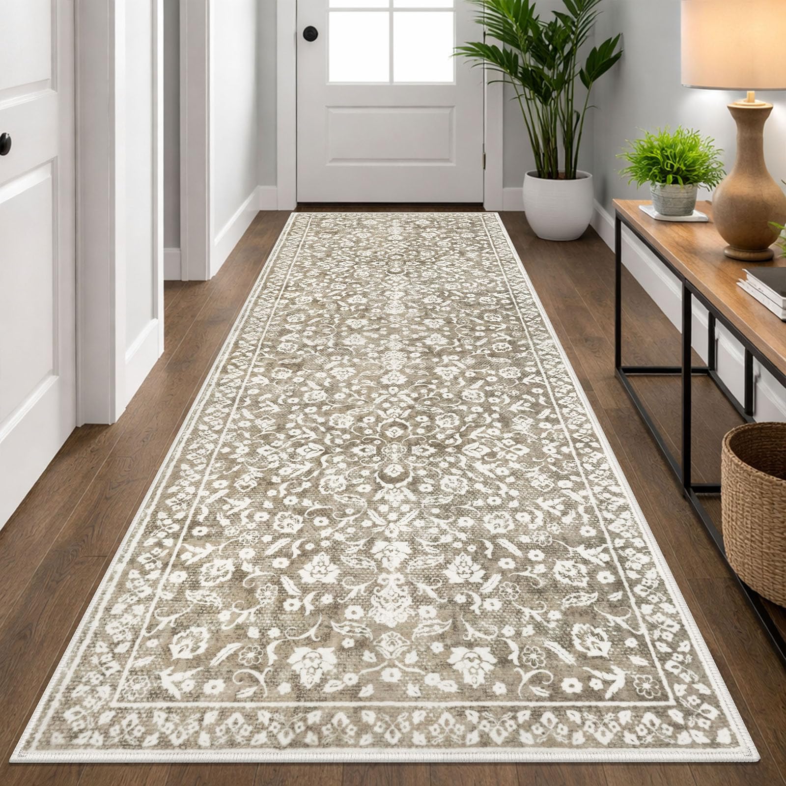 SILOLOOM Vintage 3x8 Hallway Rug, Beige Washable Hallway Runner Rug Non Slip, Super Soft Kitchen Runner Rug, Print Faux Wool Floral Thin Carpet Runner for Entryway Indoor Laundry Room Bedroom — image 1