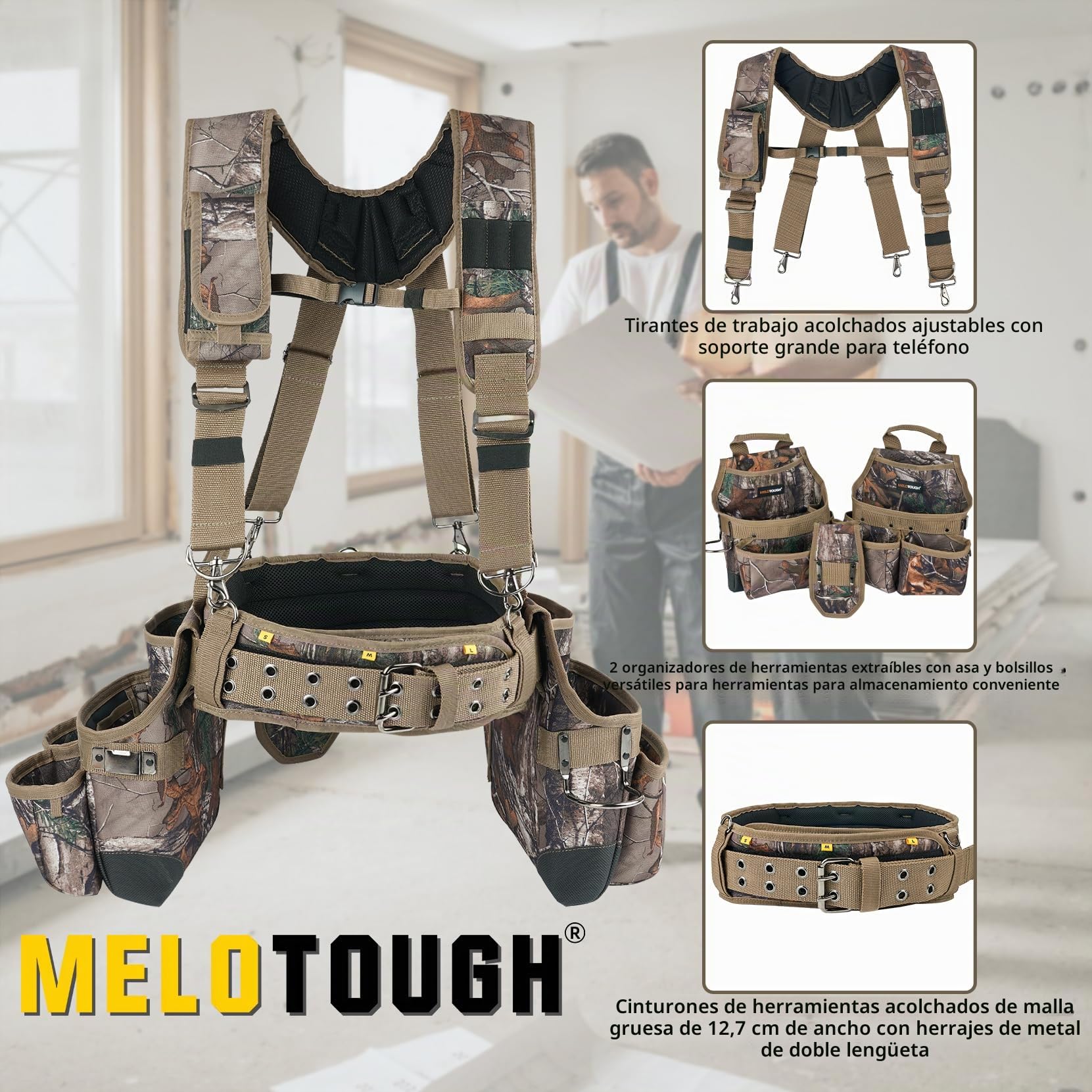MELOTOUGH - Cinturón de herramientas con camuflaje y tirantes Bolso de herramientas con camuflaje y tirantes Combinación de peine, delantal, cinturón de herramientas, bolsa de herramientas para