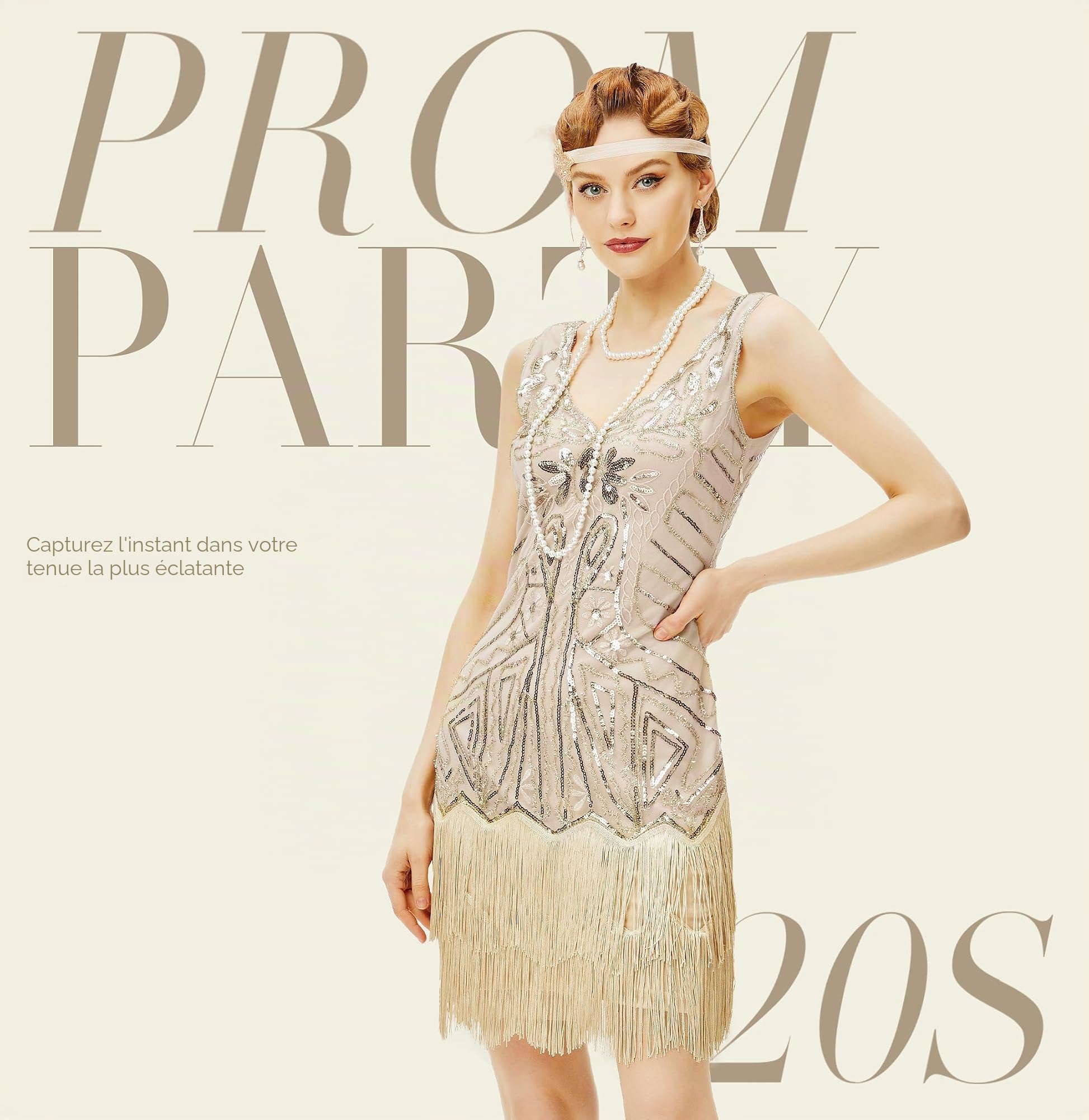 BABEYOND 1920 Flapper Robe Femme V Cou Robe Perlée Gatsby sans Manche Robe Frangée avec Paillette 1920 Party Fête Bal Soirée Art Déco