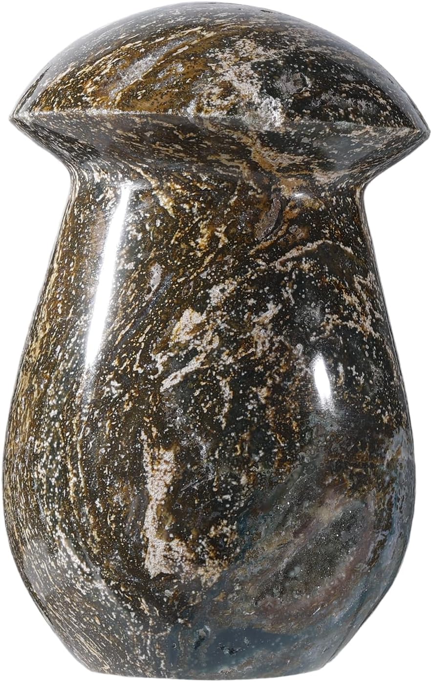 Mushroom Statue for Home Garden Decor, Natural Ocean Jasper Stone Figurine Crystal Stone for Energy Balancing, Spiritual Healing, 1.32-1.76lb
