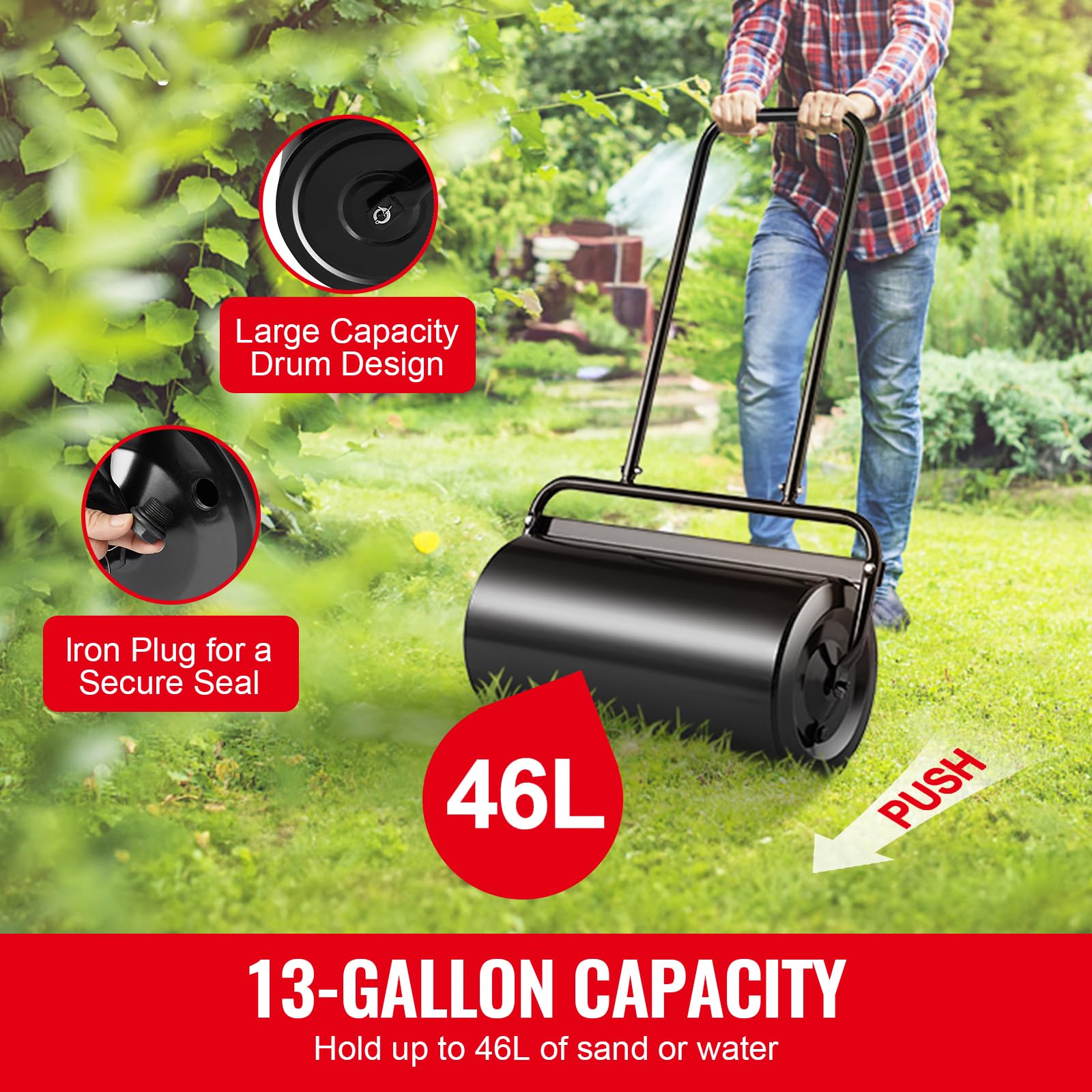 Happybuy 13 Gallon Lawn Roller, Steel Sand/Water Filled Yard Roller, U-Shaped Ergonomic Handle, Easy-Turn Plug for Lawn/Garden/Farm Use, Black