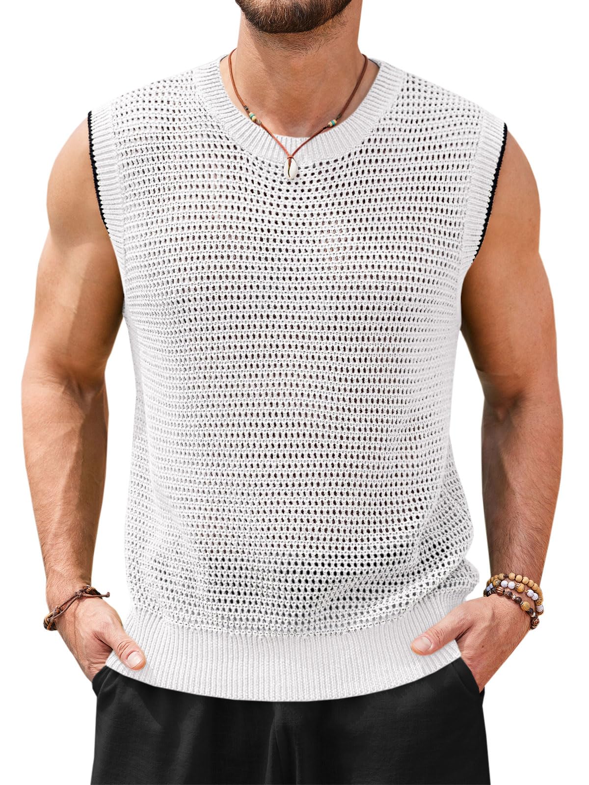 Runcati Mens Knitted Tank Tops Sleeveless Crochet See Through T-Shirts Muscle Summer Beach Hippie Shirts