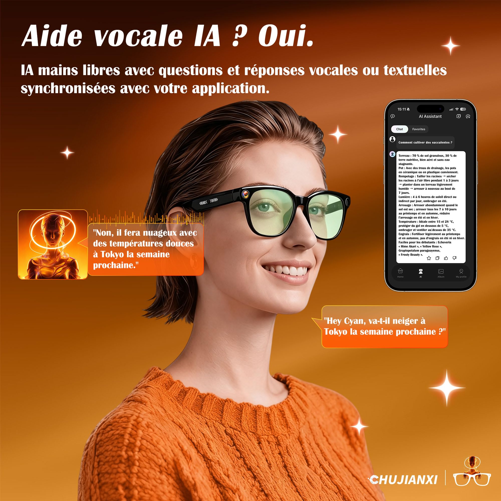 Lunette Camera IA, Lunettes Caméra Connectées, Mini Camera Espion
