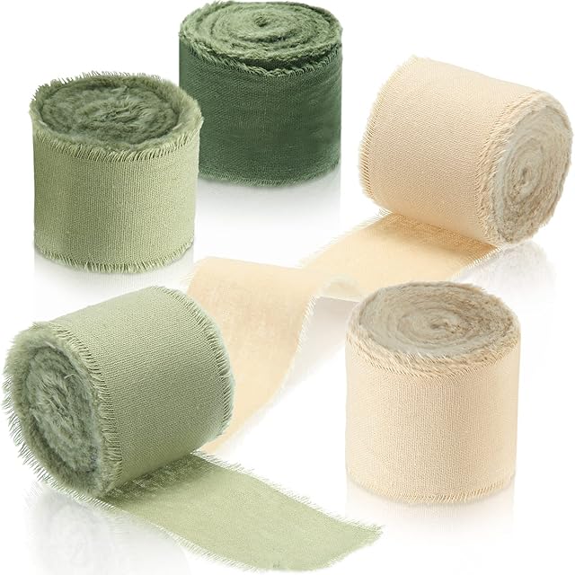 3 Rolls Christmas Sage Ribbon Boho Ribbon Handmade Frayed Edges Ribbon 1.5 Inch x 5 Yards Cotton Ribbon Decor for Wedding Gift Wrapping DIY Art Craft Supplies(Beige, Light Green, Deep Green)