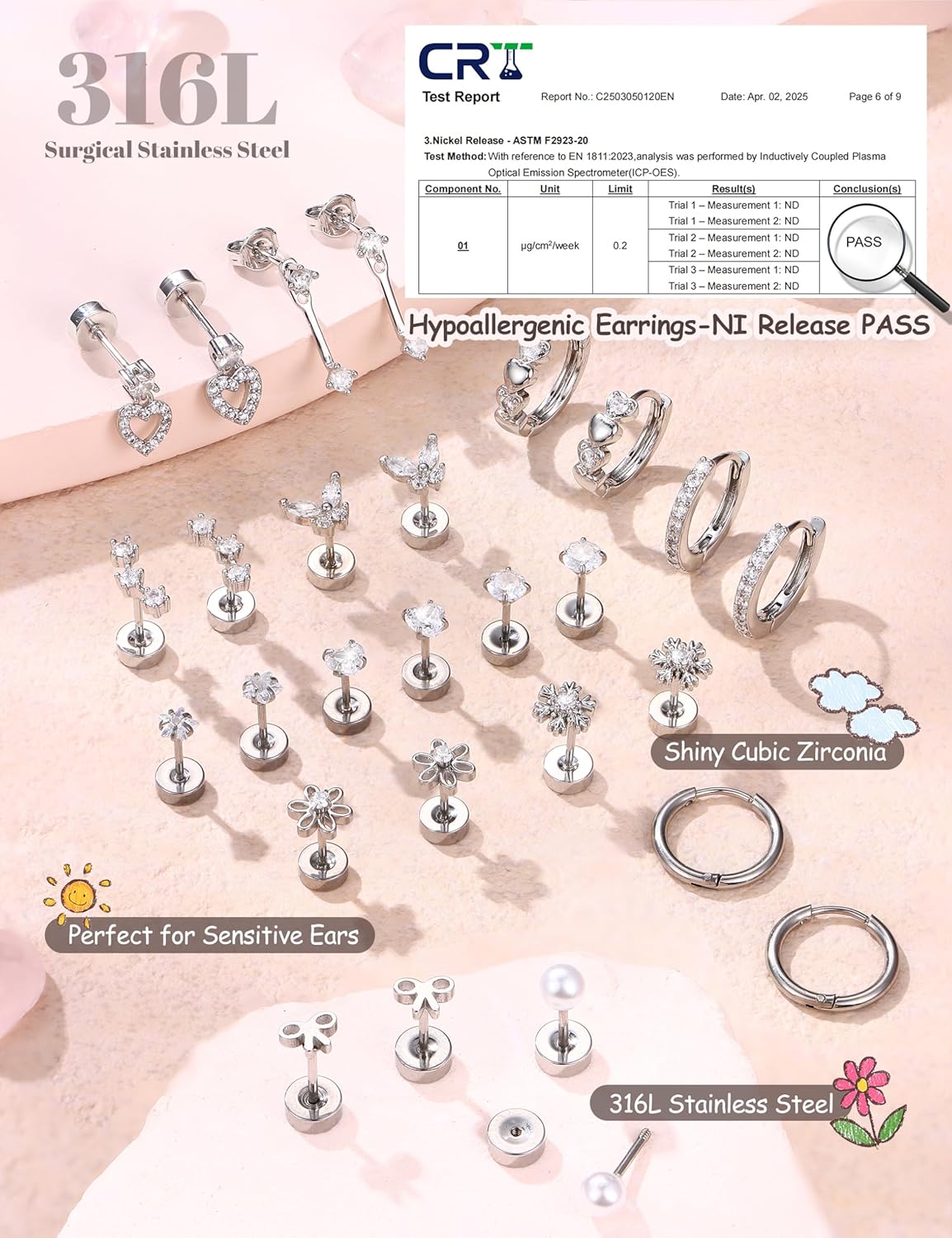 LOLIAS Hypoallergenic Flat Back Earrings for Women Girls-Surgical Stainless Steel Earrings for Sensitive Ears-Cute Flatback Stud Earring Set Small Hoops Cartilage Earring Stacks - Image 4