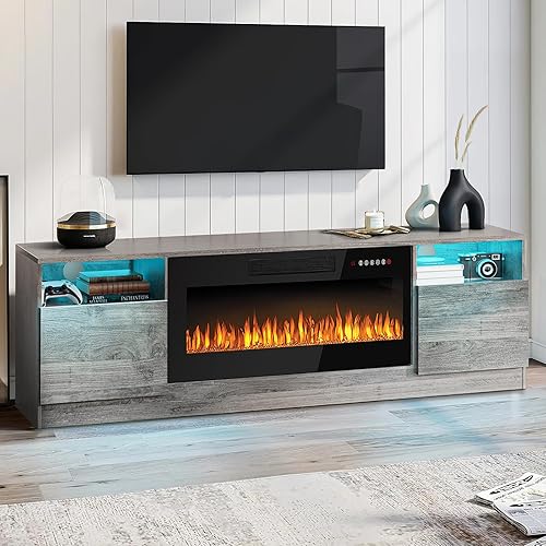 Miniatura 30 de PUKAMI Soporte de TV con chimenea de 18 pulgadas para sala de estar, centro de entretenimiento de 58 pulgadas con luces para patas, armario moderno