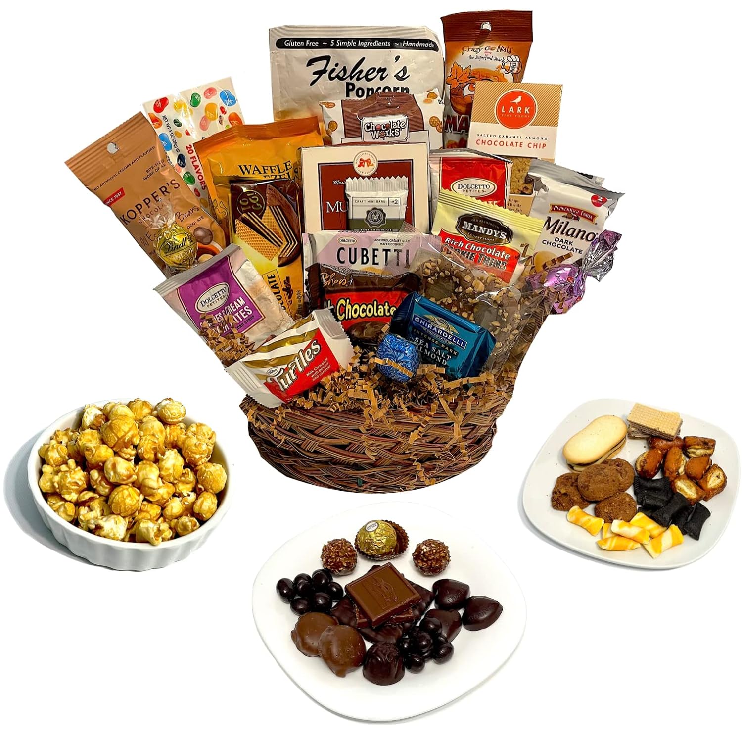 Premium 19 piece chocolate gift basket of gourmet chocolates, cookies, and crunches! Perfect for businesses, clients, employees, birthdays, thank you and more