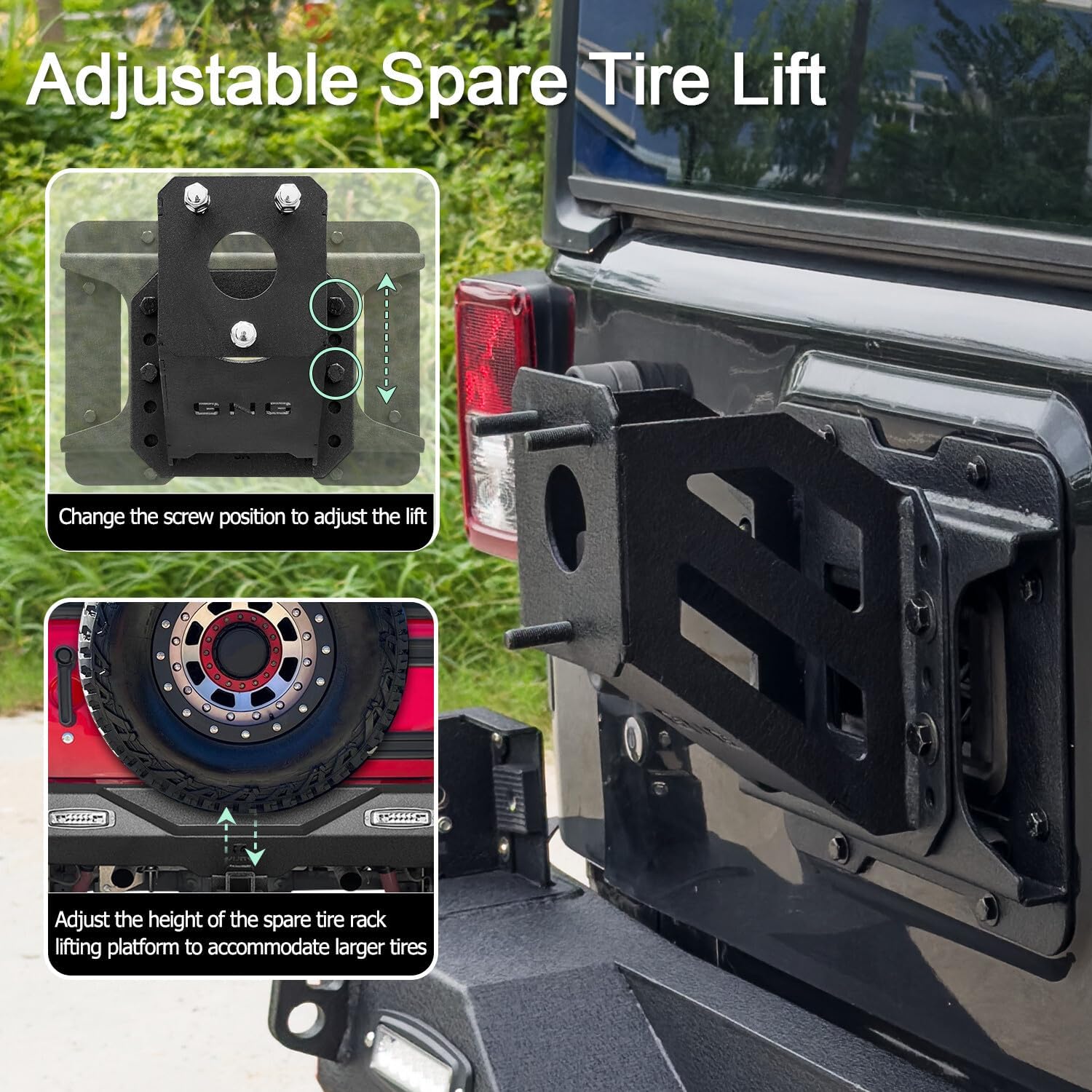 Compatible with 2007-2018 Wrangler JK/JKU Spare Tire Carrier Adjustable Tire Lift Carrier up to 40 inches Spare Wheel Holder Rack Mount Relocation