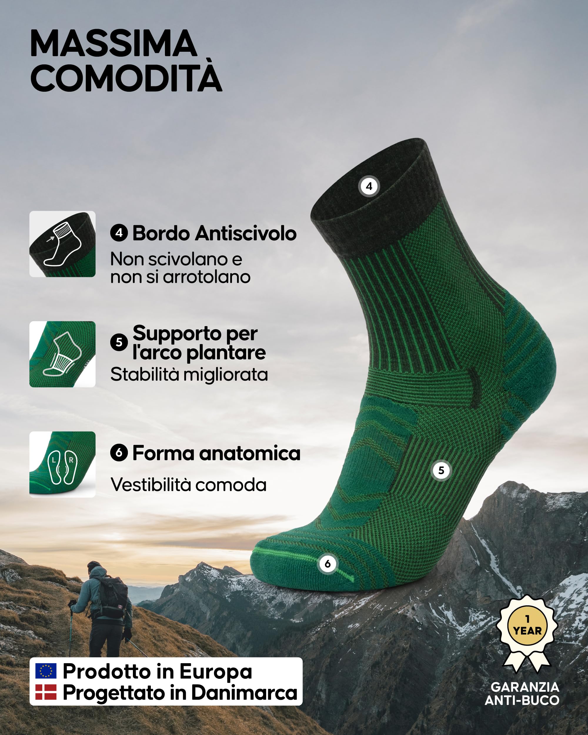 DANISH ENDURANCE 3 paia di calzini da trekking leggeri in lana merino, anti-vesciche, da uomo e da donna
