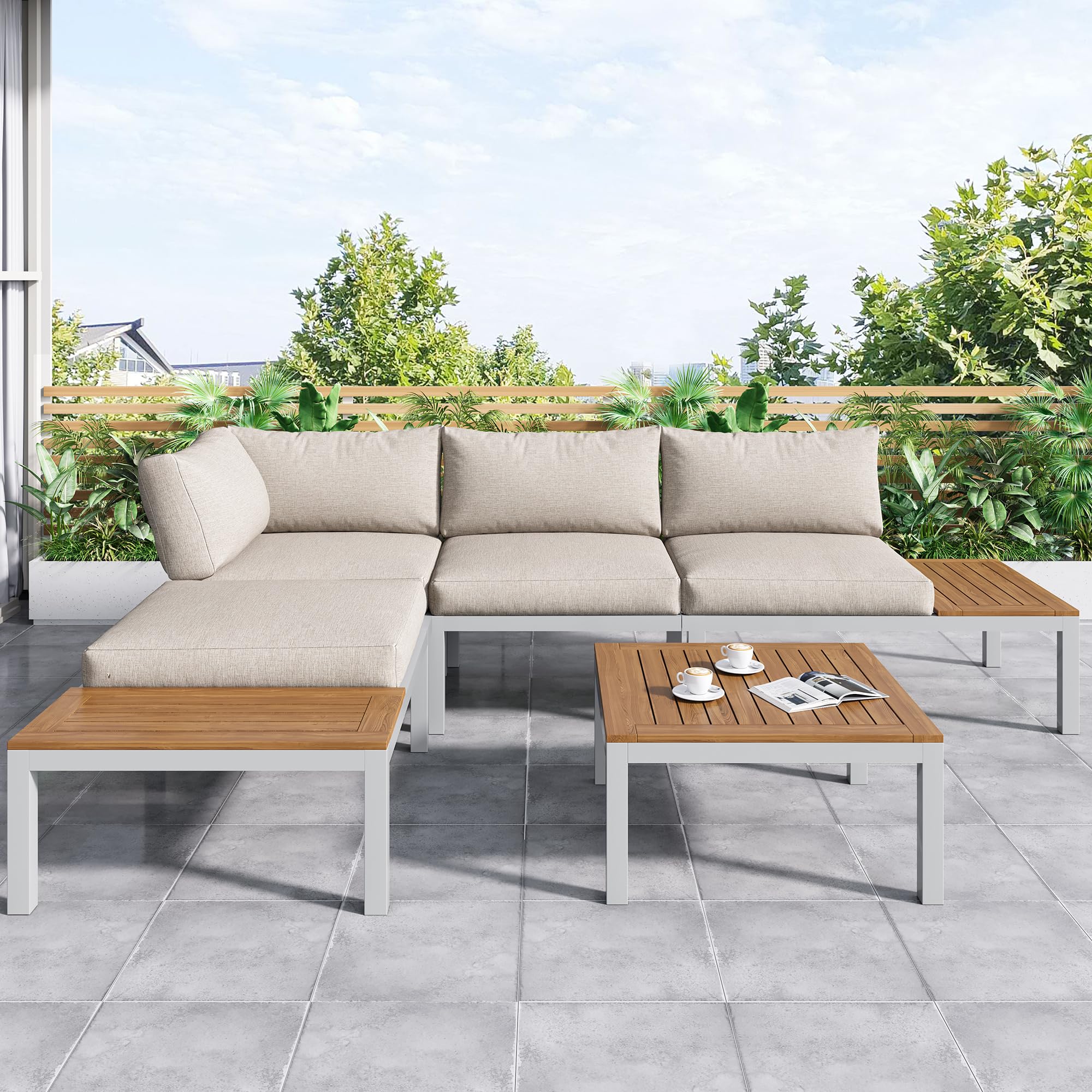 Set da giardino resistente alle intemperie con telaio in acciaio zincato (2 divani a 2 posti, 2 tavolini e 1 tavolino), piano in legno di acacia, il rivestimento in tessuto può coprire