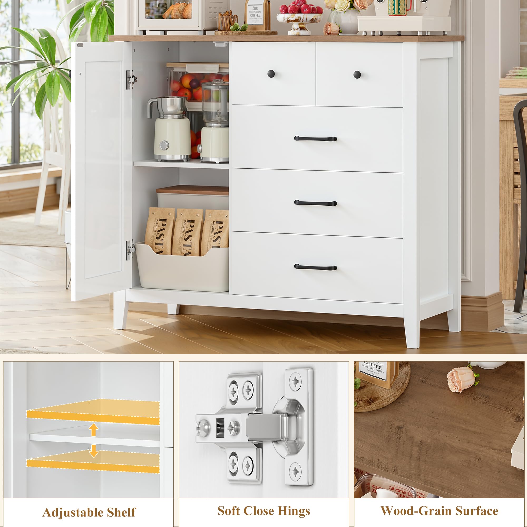 HOCSOK Küchenschrank Weiß, Sideboard mit 5 Schubladen und 1 Türe, Buffetschrank mit Arbeitsplatte für Küche, Esszimmer, Wohnzimmer, Flur, Holz, 100x94x40 cm