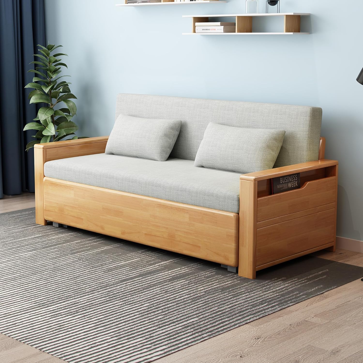59" convertible sofa sleeper with storage,grey soft cushion sectional sleeper sofa with reversible chaise,solidwood log color couch 3 in 1 pull out couch bed for livingroom,apartment,bedroom,office