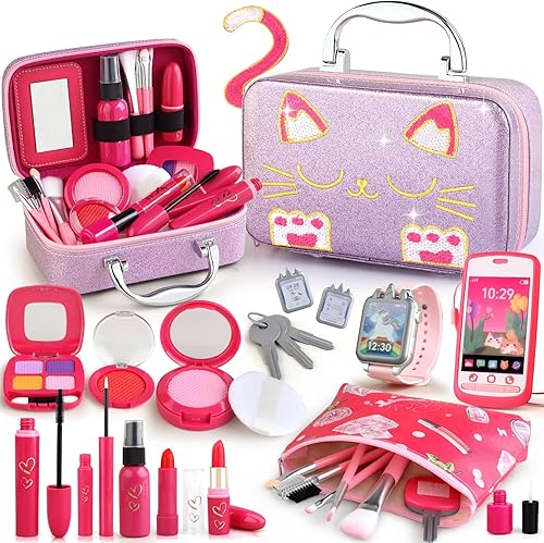 Maquillaje de simulación de regalo para niñas pequeñas de 3-5, 4-6, juego de maquillaje falso con estuche para gatos de 3, 4, 5 años, kit de