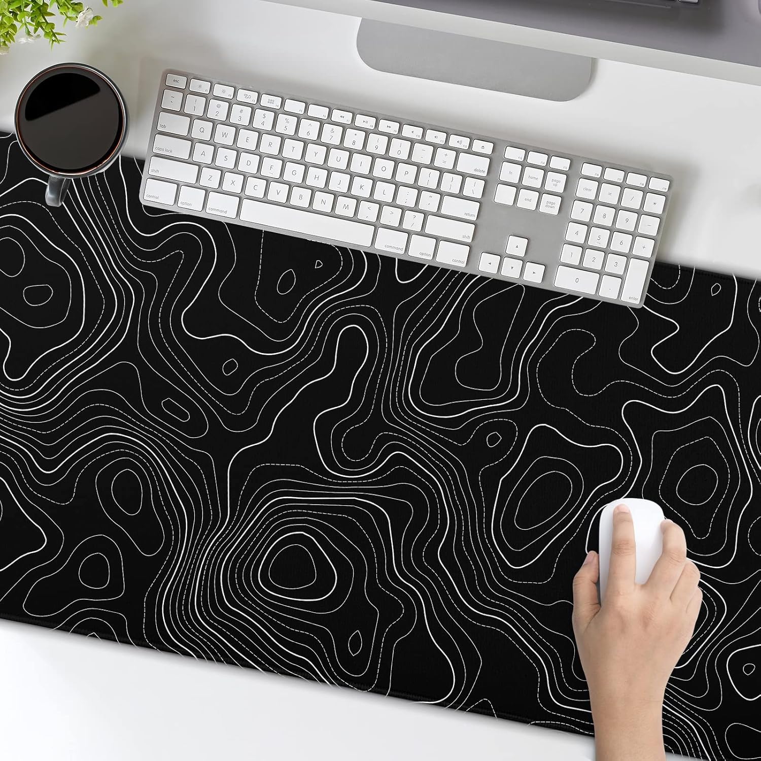 Topographic Contour Black Gaming Mouse Pad XL Topo Geographic Map Lines Extended Large Mouse Pad Big Desk Mat Non-Slip Rubber Base Stitched Edge Long Keyboard Playmat for Desk Computer,31.5×11.8 in - Image 6